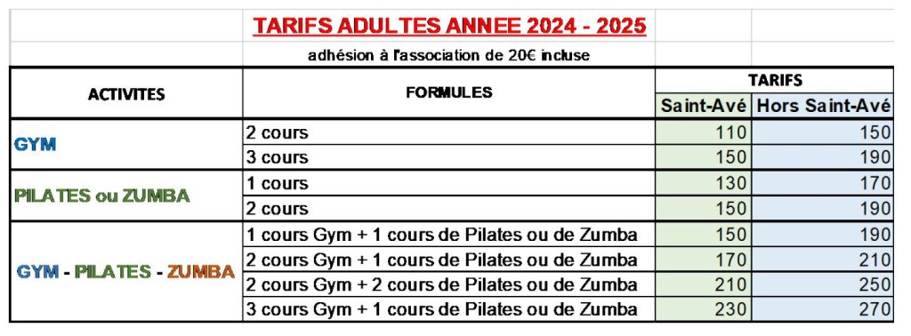 Tarifs adultes 2024-2025